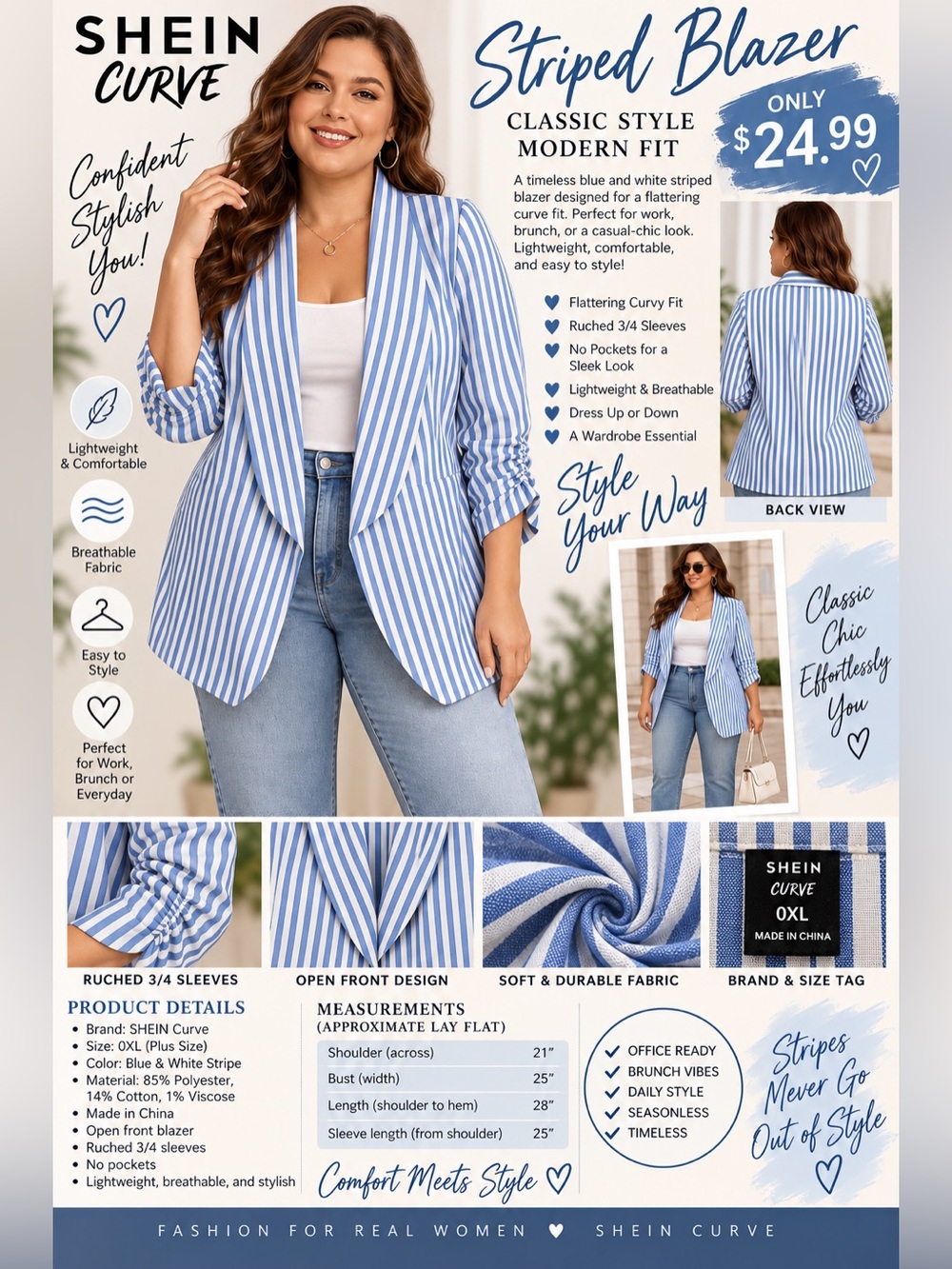 SHEIN Blue and White Striped Open-Front Button Down Shirt